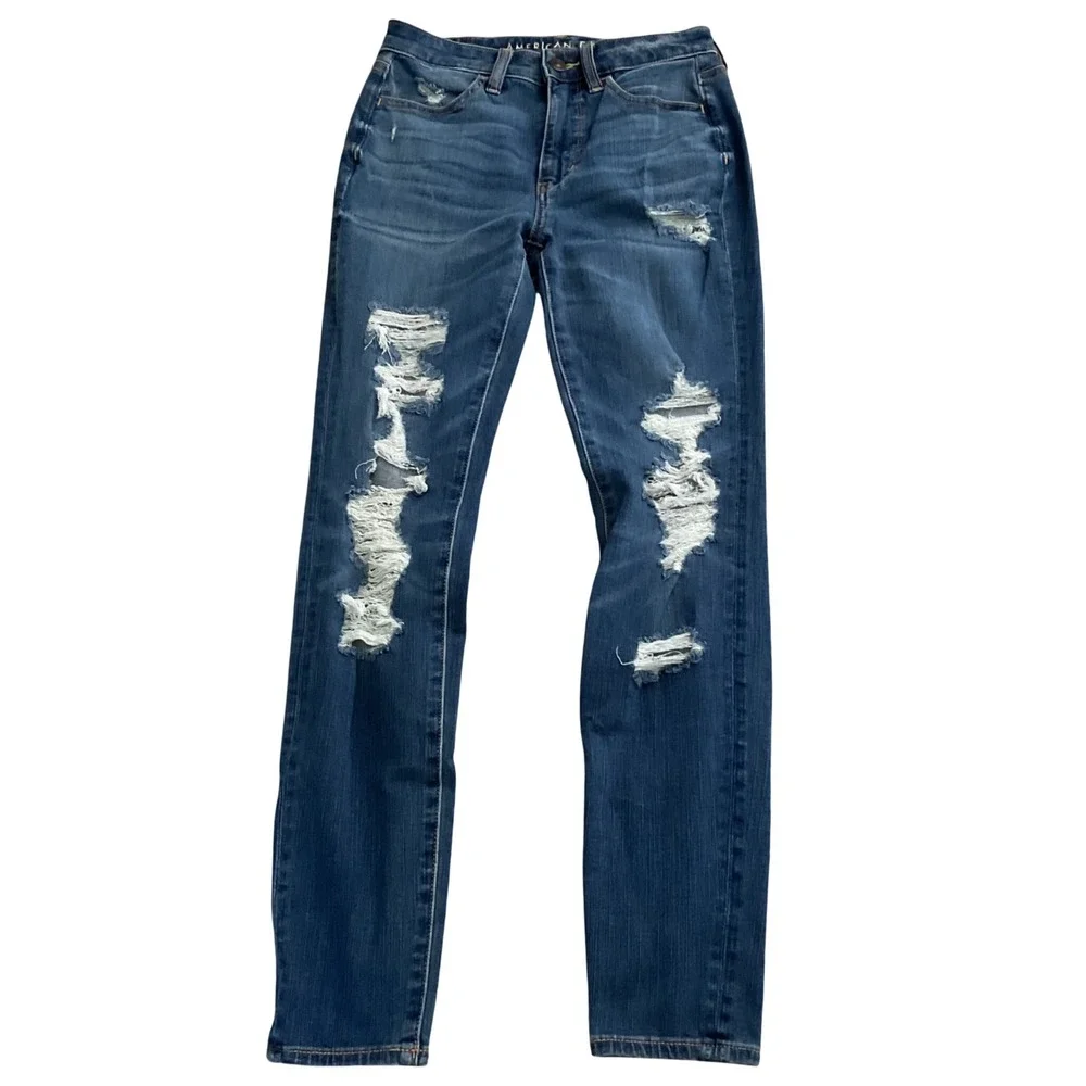 American Eagle Next Level Stretch Distressed Skinny Jeans Blue Size 0 Regular